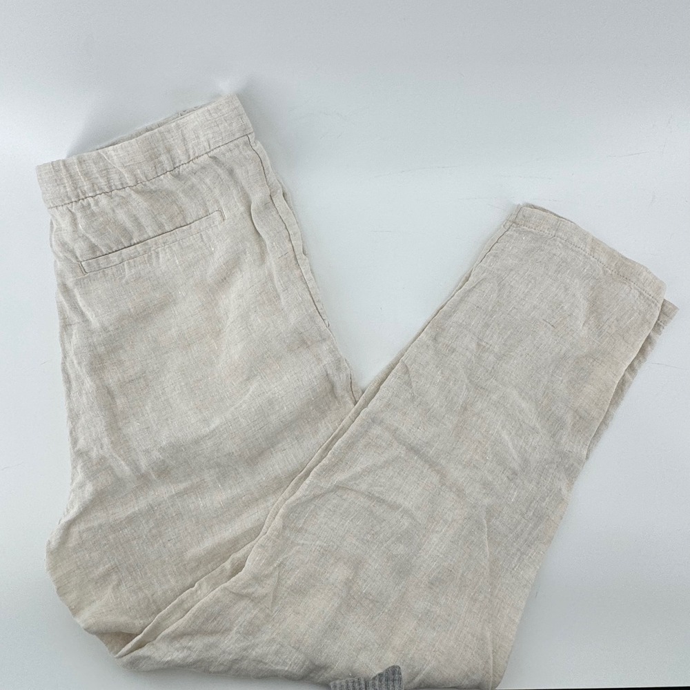 H&M Linen Relaxed Tapered Pants Women 32R Beige Drawstring High Rise Cropped‎